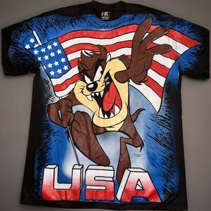 Vintage Taz USA T Shirt AOP DOUBLE‎ SIDED Big Logo 1995 90s Looney Tunes Mens XL